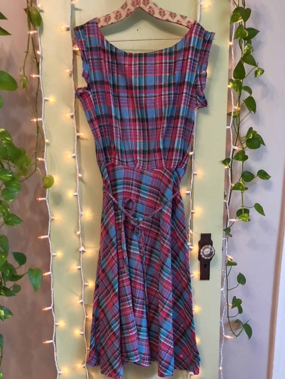 Women's 🆓 Homemade Blue Red Gold Plaid Lightweight Dress L